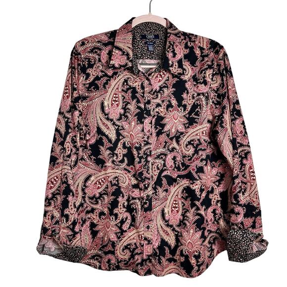 Chaps Womens Top Size XXL Long Sleeve Paisley No Iron Button Front Flip Cuff - Picture 1 of 9
